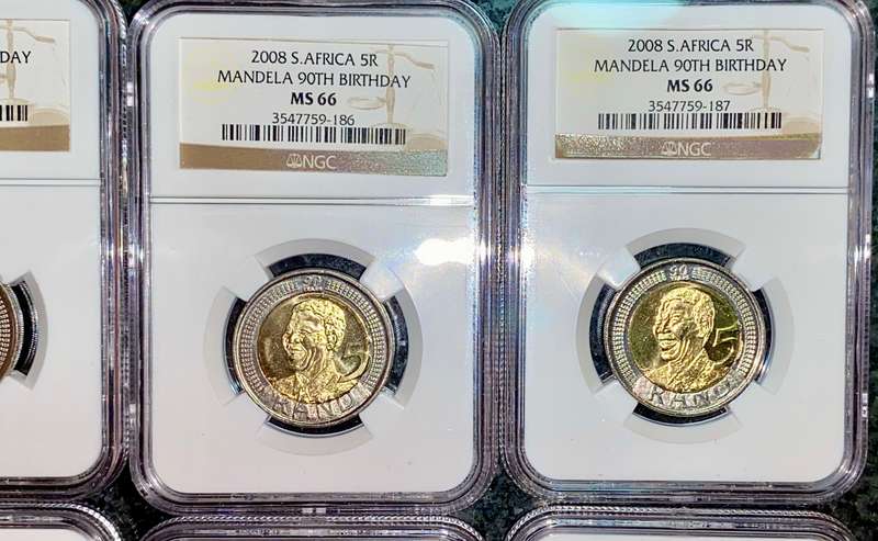 SOUTH AFRICA GRADED COMMEMORATIVE R5 MANDELAS 90TH BIRTHDAY GRADED MS66 ALL IN SEQ NGC