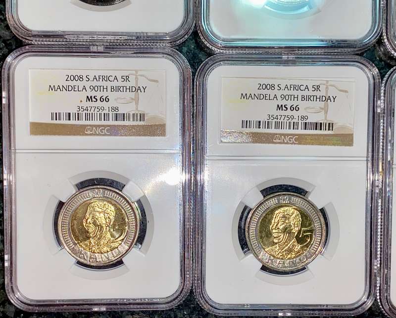 SOUTH AFRICA GRADED COMMEMORATIVE R5 MANDELAS 90TH BIRTHDAY GRADED MS66 ALL IN SEQ NGC
