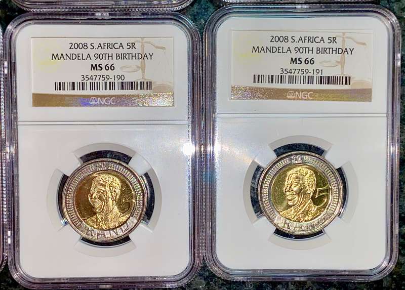 SOUTH AFRICA GRADED COMMEMORATIVE R5 MANDELAS 90TH BIRTHDAY GRADED MS66 ALL IN SEQ NGC
