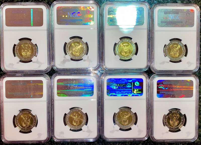 SOUTH AFRICA GRADED COMMEMORATIVE R5 MANDELAS 90TH BIRTHDAY GRADED MS66 ALL IN SEQ NGC