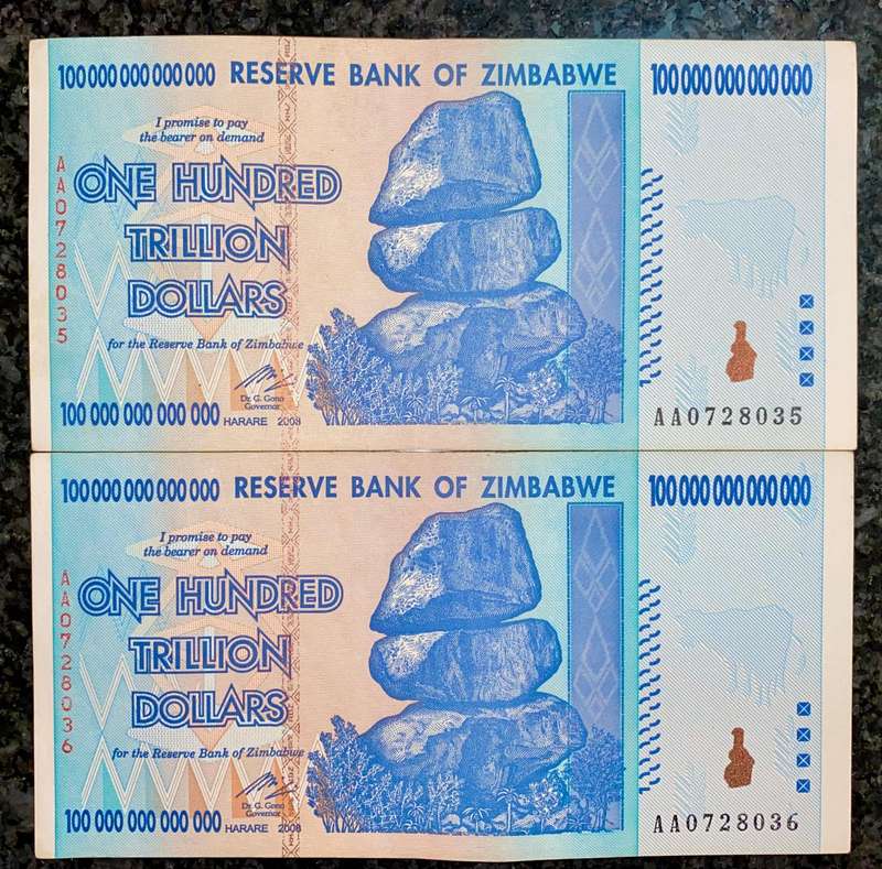 Zimbabwe 100 Trillion dollars in seq AA0728035-036 -- 2008 Harare - 100% Authentic Banknote
