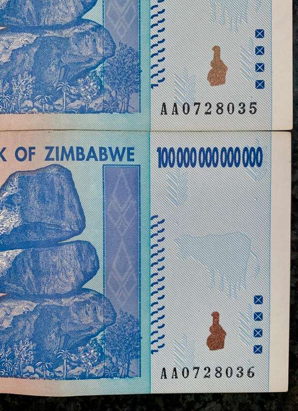 Zimbabwe 100 Trillion dollars in seq AA0728035-036 -- 2008 Harare - 100% Authentic Banknote