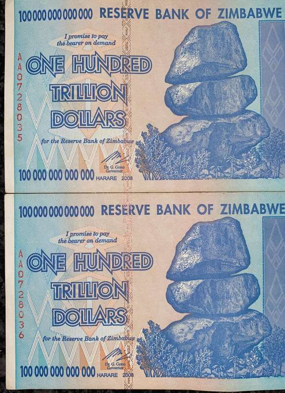 Zimbabwe 100 Trillion dollars in seq AA0728035-036 -- 2008 Harare - 100% Authentic Banknote