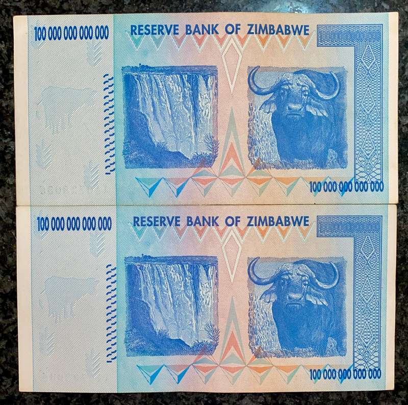 Zimbabwe 100 Trillion dollars in seq AA0728035-036 -- 2008 Harare - 100% Authentic Banknote