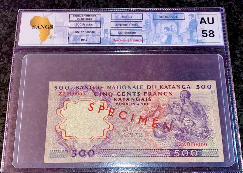 Katanga Rare Graded Specimen 500 francs 17th April 1962 elephant wtm ZZ000000 pick 13s SANGS AU53