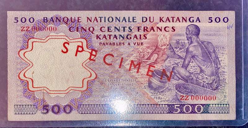 Katanga Rare Graded Specimen 500 francs 17th April 1962 elephant wtm ZZ000000 pick 13s SANGS AU53