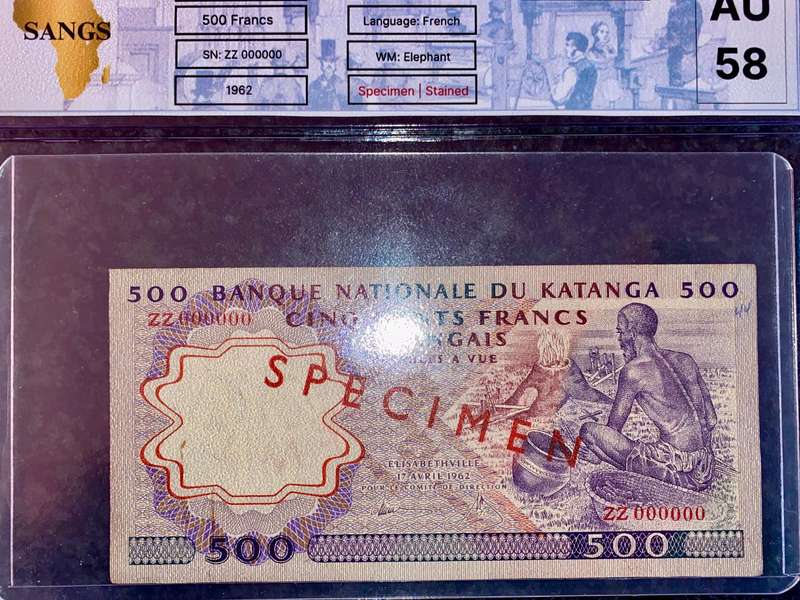 Katanga Rare Graded Specimen 500 francs 17th April 1962 elephant wtm ZZ000000 pick 13s SANGS AU53