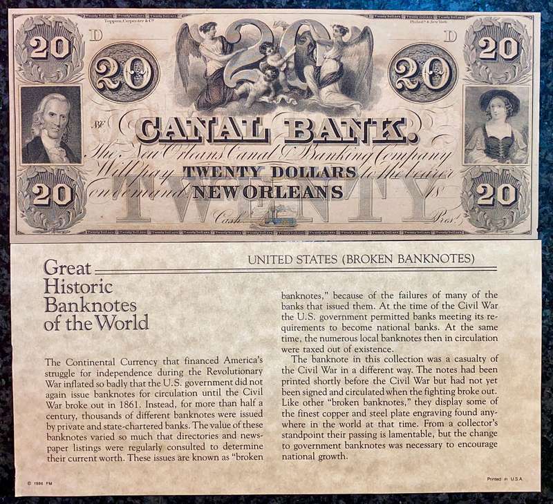 USA $20 Canal Bank 1840s - New Orleans Louisiana with Broken Banknotes info card
