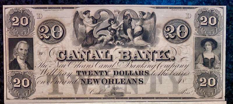 USA $20 Canal Bank 1840s - New Orleans Louisiana with Broken Banknotes info card