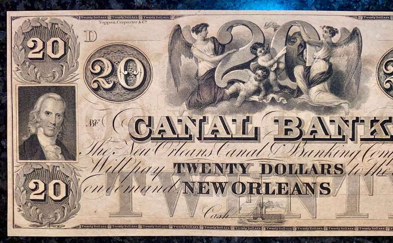 USA $20 Canal Bank 1840s - New Orleans Louisiana with Broken Banknotes info card