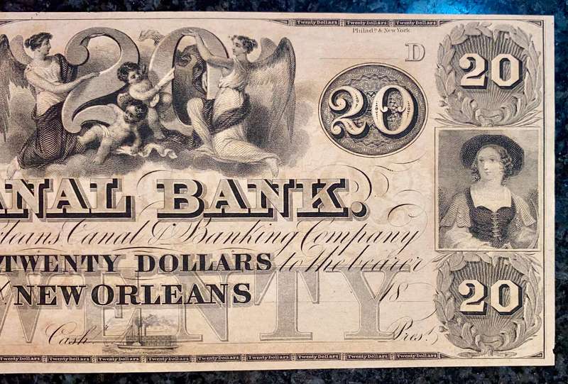 USA $20 Canal Bank 1840s - New Orleans Louisiana with Broken Banknotes info card