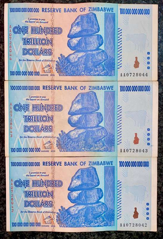 Zimbabwe 100 Trillion dollars in seq AA0728044-042 -- 2008 Harare - 100% Authentic Banknote