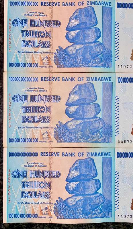 Zimbabwe 100 Trillion dollars in seq AA0728044-042 -- 2008 Harare - 100% Authentic Banknote