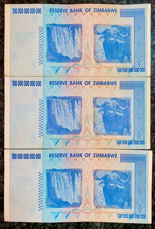 Zimbabwe 100 Trillion dollars in seq AA0728044-042 -- 2008 Harare - 100% Authentic Banknote