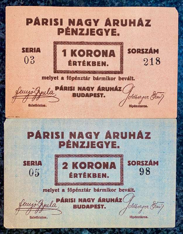 HUNGARY SET 1 KORONA & 2 KORONA ND GREAT CLOTHING HOUSE OF PARIS TICKET SCARCE (1 BID TAKES ALL)