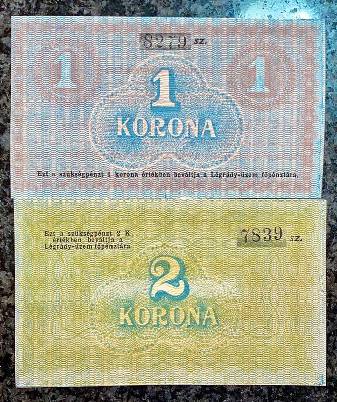 HUNGARY SET 1 KORONA & 2 KORONA ND 1912-1920 (1 BID TAKES ALL)