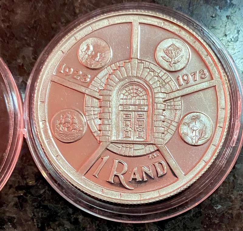 South Africa. Silver Proof R1 -- 1974 Anniversary of SA Mint 50th in capsule