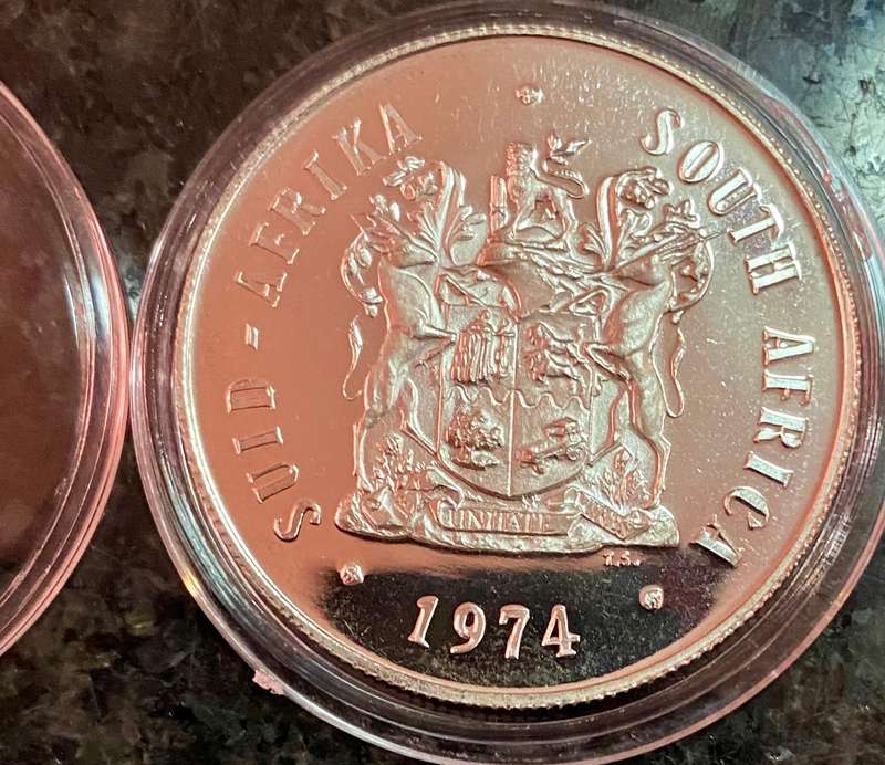 South Africa. Silver Proof R1 -- 1974 Anniversary of SA Mint 50th in capsule