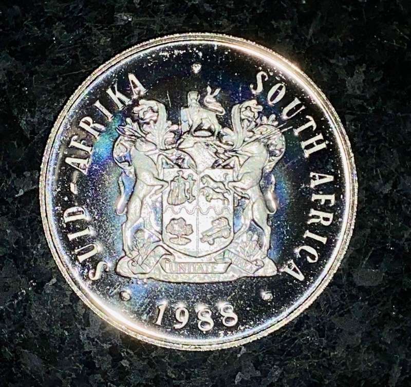 SOUTH AFRICA PROOF SILVER R1 -- 1988 -- LES HUGUENOT 1688-1988