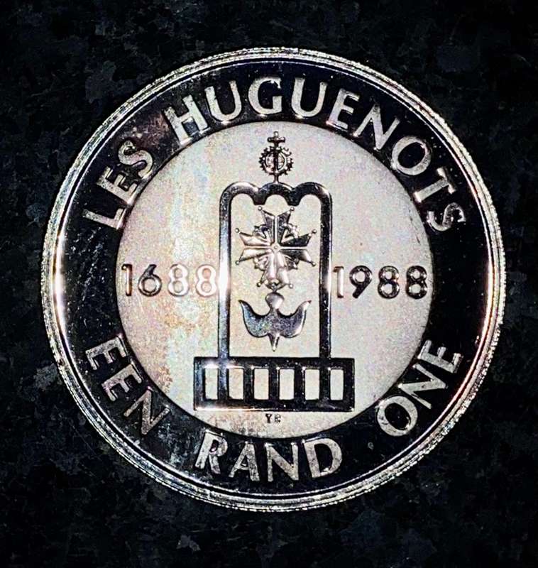 SOUTH AFRICA PROOF SILVER R1 -- 1988 -- LES HUGUENOT 1688-1988