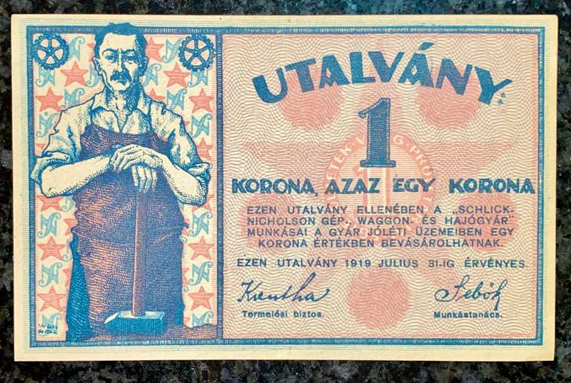 HUNGARY 1 KORONA 1919 - UTALVANY EMERGENCY MONEY SCARCE