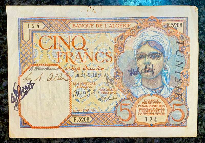 TUNISIA 5 FRANCS 31-5-1941 WW2