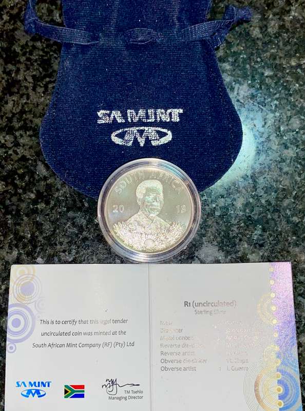 SOUTH AFRICA PROOF SILVER R1 -- 2013 NELSON MANDELA WITH CERT IN SA MINT POUCH IN CAPSULE