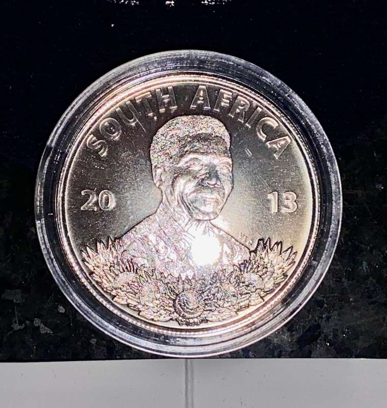 SOUTH AFRICA PROOF SILVER R1 -- 2013 NELSON MANDELA WITH CERT IN SA MINT POUCH IN CAPSULE
