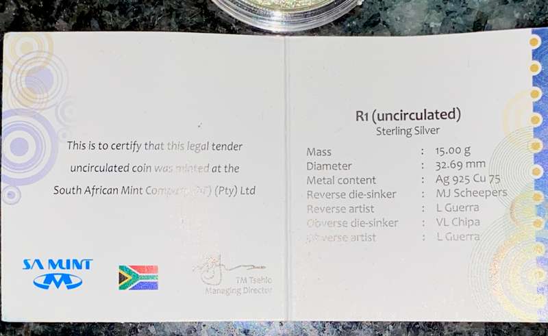 SOUTH AFRICA PROOF SILVER R1 -- 2013 NELSON MANDELA WITH CERT IN SA MINT POUCH IN CAPSULE