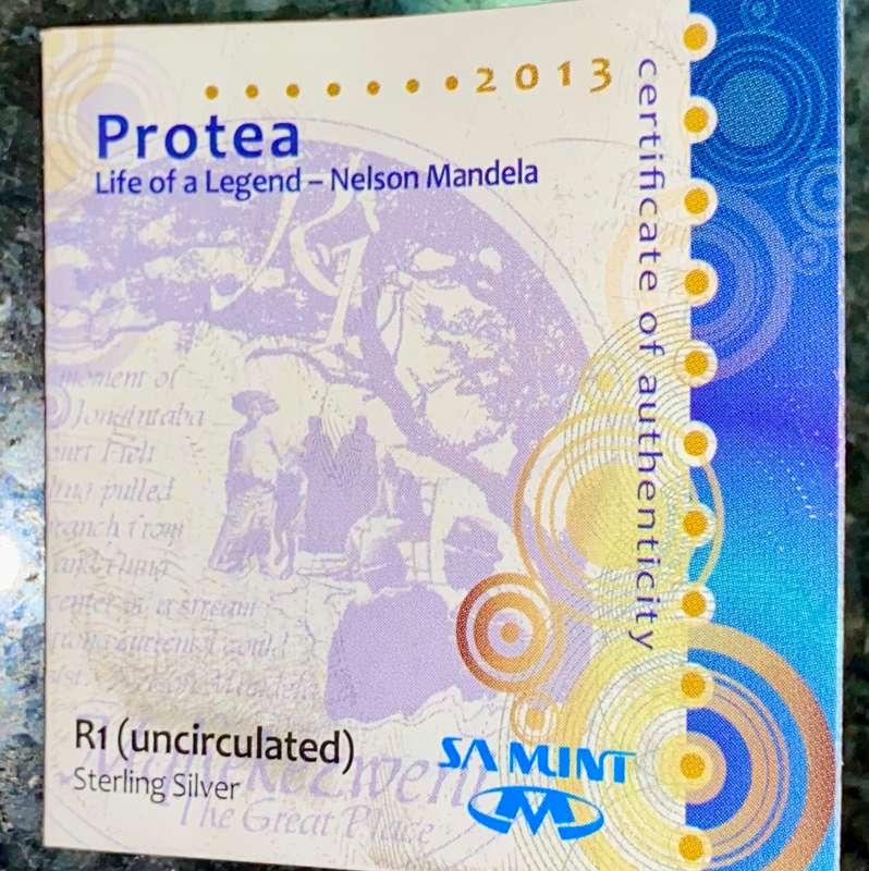SOUTH AFRICA PROOF SILVER R1 -- 2013 NELSON MANDELA WITH CERT IN SA MINT POUCH IN CAPSULE