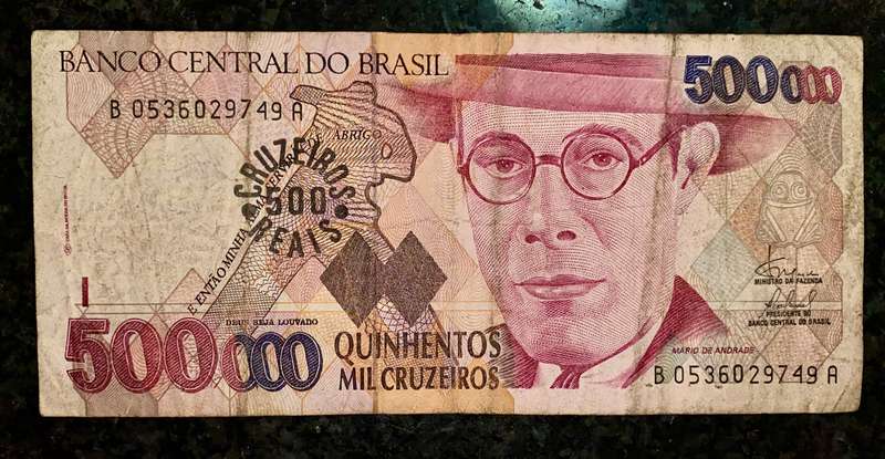 BRASIL 500,000 CRUZEIROS STAMPED 50 CENTIVOS ND