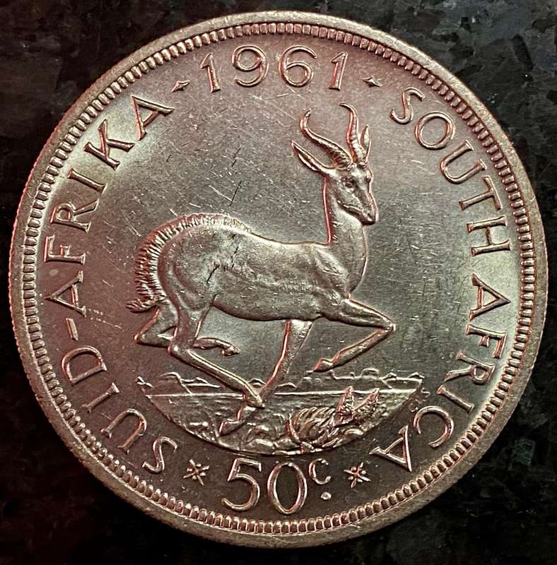 South Africa. silver 50 cent 1961 low mintage 54746 good condition crown size