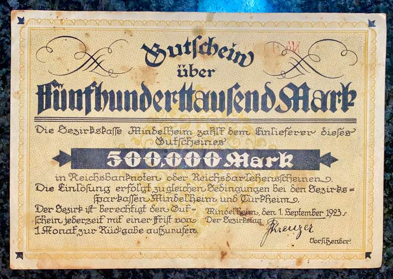 GERMANY REPLACEMENT /STAR NOTE 500,000 MARK 1923