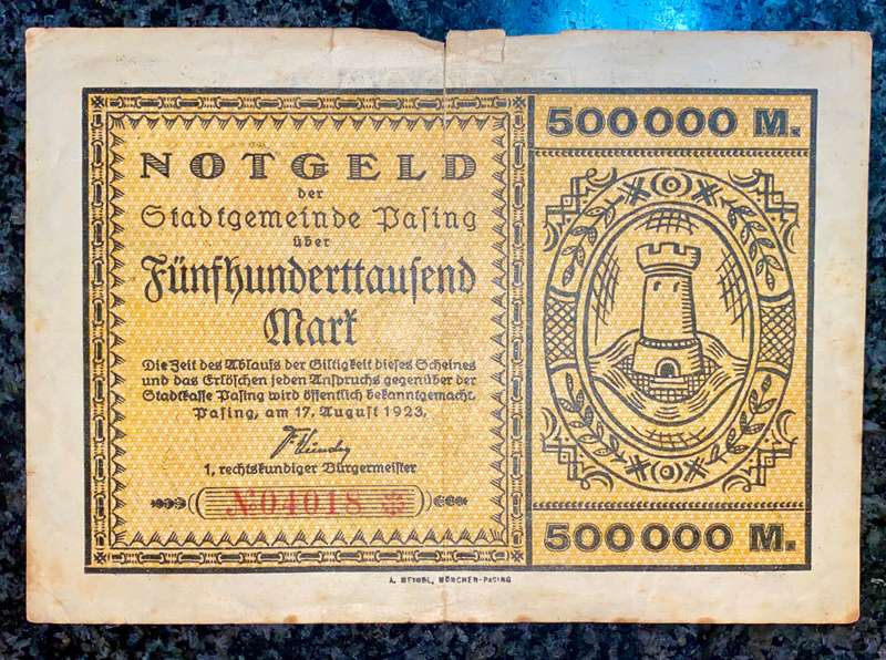 GERMANY REPLACEMENT /STAR NOTE 500,000 MARK 1923 NOTGELD EMERGENCY MONEY