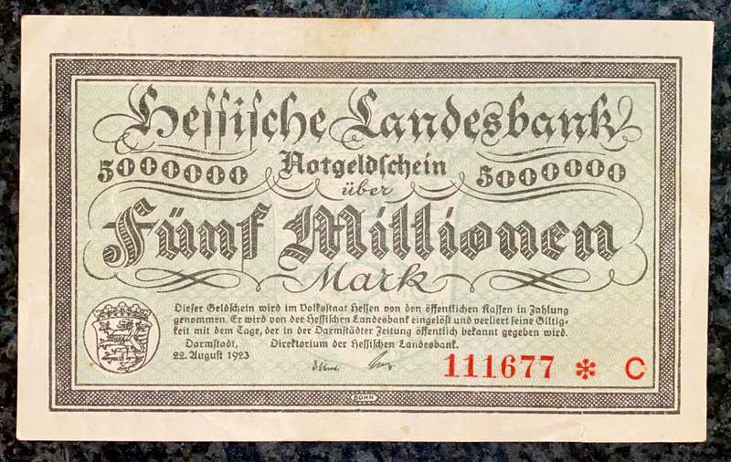 GERMANY REPLACEMENT /STAR NOTE 5 MILLION MARK 1923 NOTGELD EMERGENCY MONEY