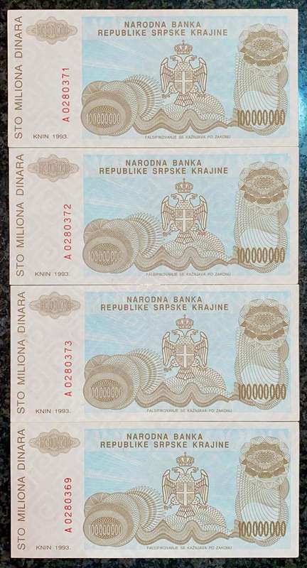 Bosnia 100 Million dinars in sequence A0280371-373 & 369 UNC 1993 (1 bid takes all)