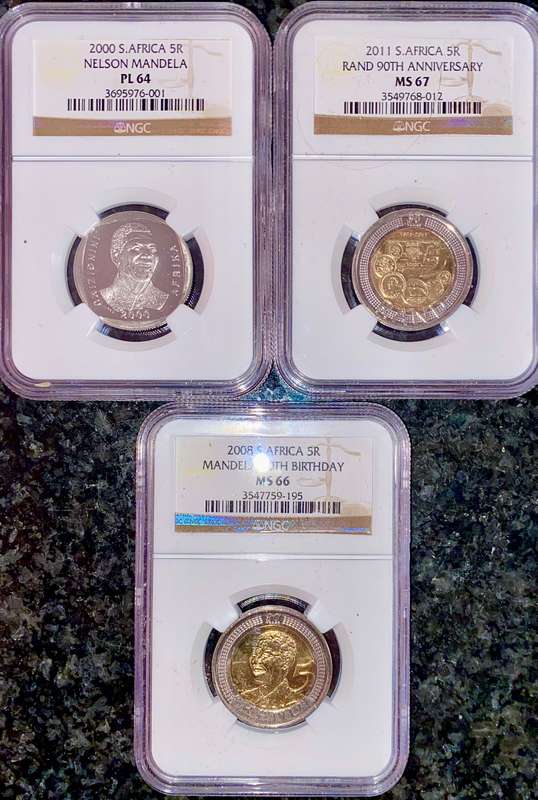SOUTH AFRICA GRADED SET COMMEMORATIVE R5 - MANDELA PL64 - RAND 90TH MS67 - MANDELA 90TH MS66 NGC