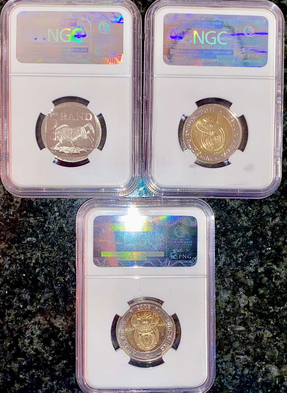 SOUTH AFRICA GRADED SET COMMEMORATIVE R5 - MANDELA PL64 - RAND 90TH MS67 - MANDELA 90TH MS66 NGC