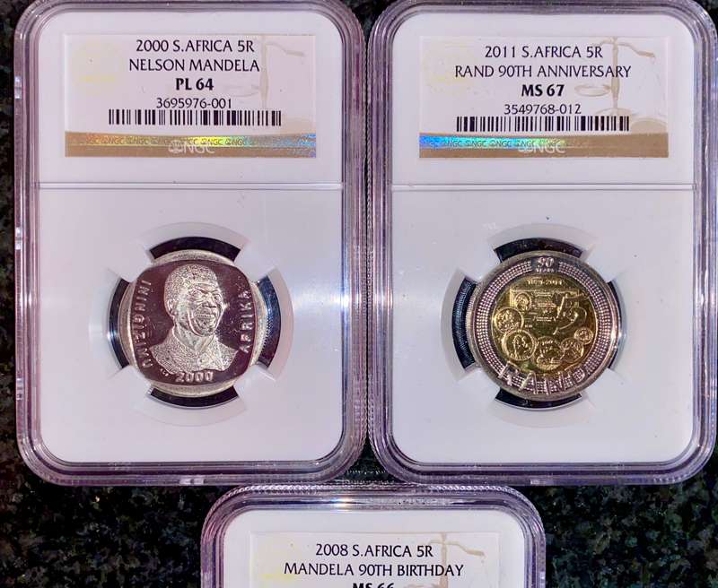 SOUTH AFRICA GRADED SET COMMEMORATIVE R5 - MANDELA PL64 - RAND 90TH MS67 - MANDELA 90TH MS66 NGC