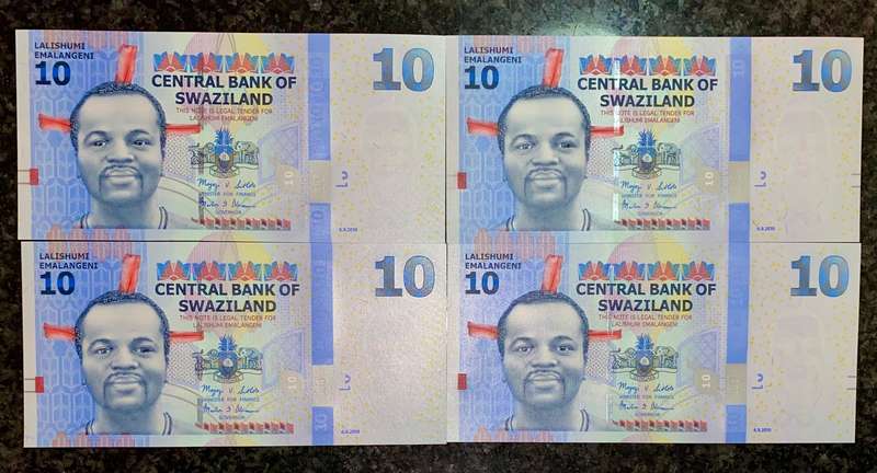 Swaziland. 10 Emalangeni in sequence AA1979511-508 unc 2010 (1 bid takes all)
