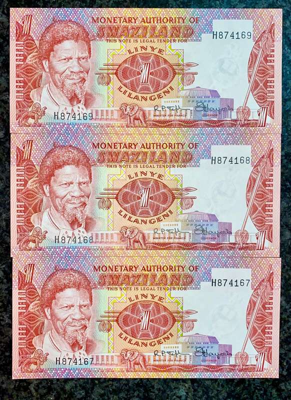 Swaziland. 1 Emalangeni in sequence H874169-167 unc 1974 (1 bid takes all)