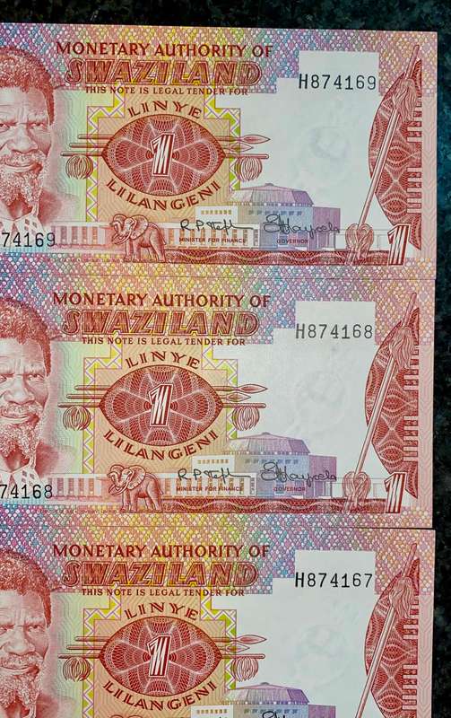 Swaziland. 1 Emalangeni in sequence H874169-167 unc 1974 (1 bid takes all)