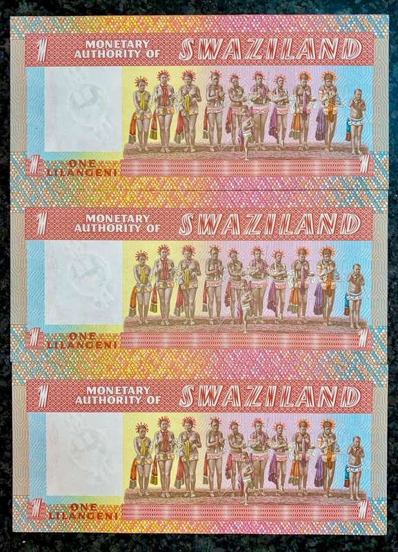 Swaziland. 1 Emalangeni in sequence H874169-167 unc 1974 (1 bid takes all)