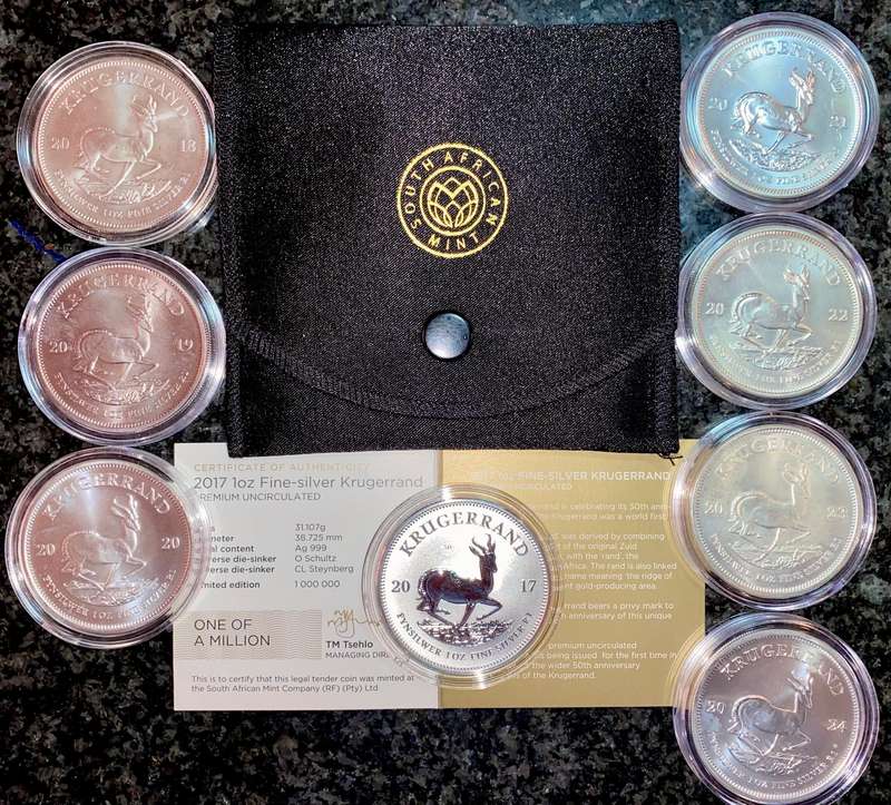 South Africa 1oz Silver Krugerrand Collection - Premium UNC 2017 to 2024