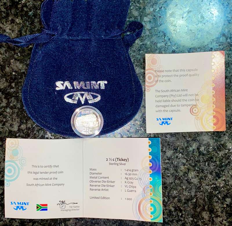 South Africa. silver proof 2 1/2 cent - Trains Of South Africa - in SA Mint pouch & certificate