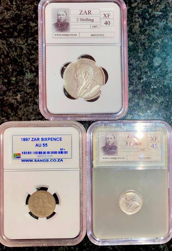 Z.A.R Graded set 1897 - 2 shillings XF40 - 6 pence AU55 & 3 pence XF45 SANGS (1 bid takes all)