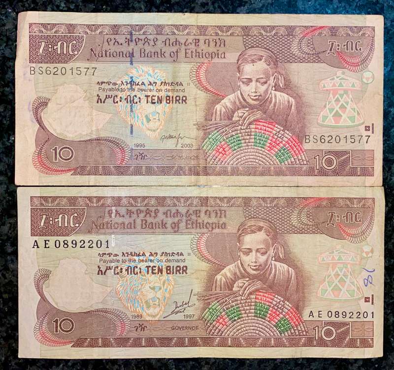 ETHIOPIA SET 10 BIRR TWO DIFFERENT SIGNATURES 1989 & 1995(1 BID TAKES ALL)