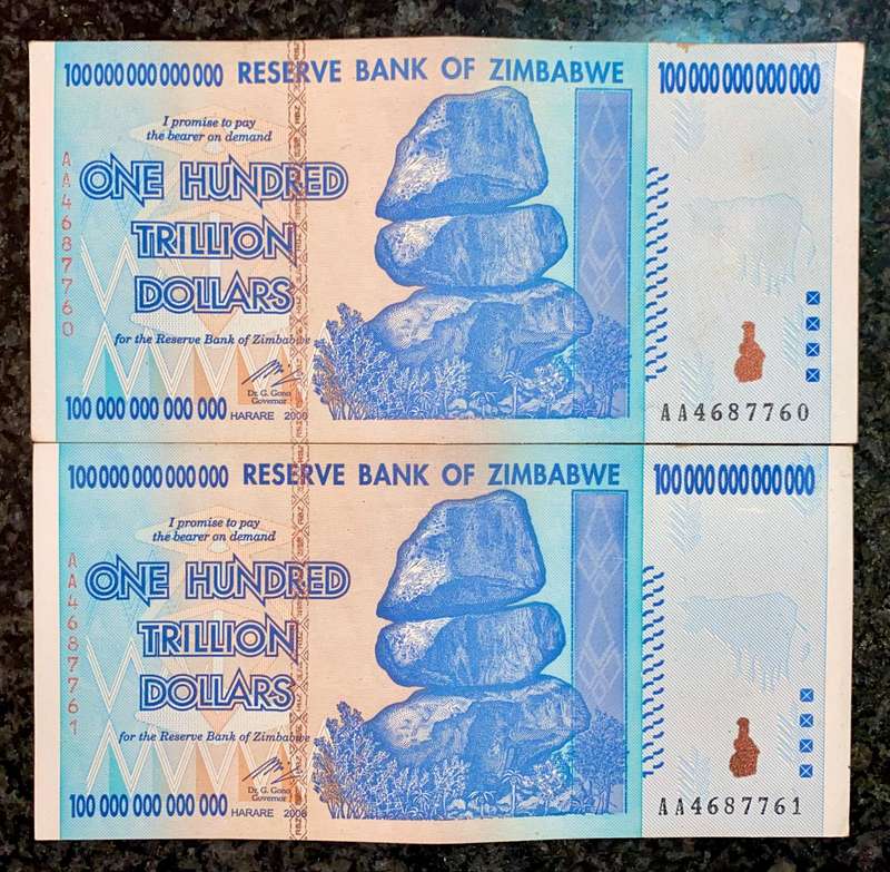 Zimbabwe 100 Trillion dollars in seq AA4687760-761 -- 2008 Harare - 100% Authentic Banknote