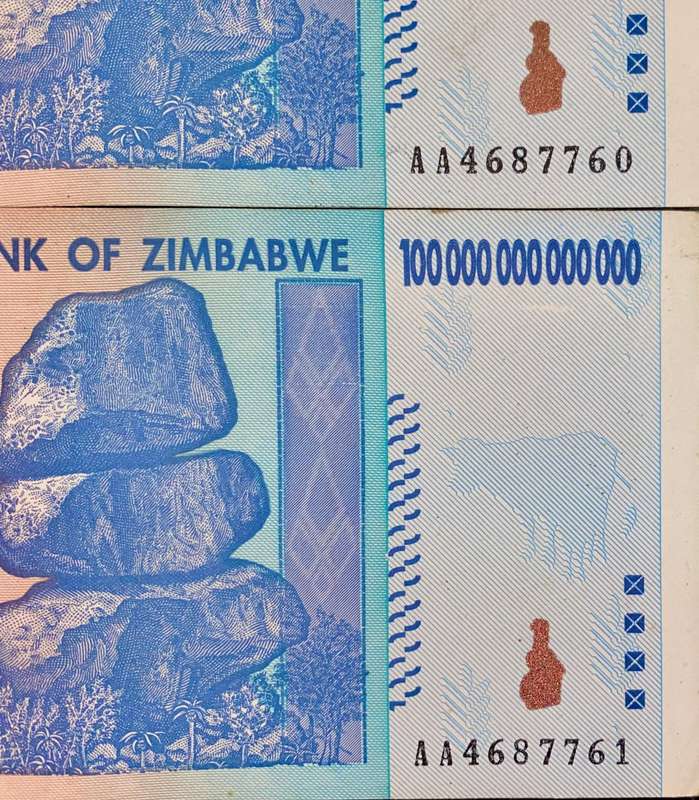 Zimbabwe 100 Trillion dollars in seq AA4687760-761 -- 2008 Harare - 100% Authentic Banknote