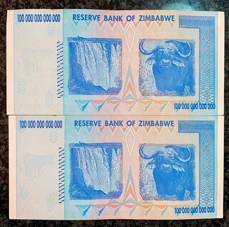 Zimbabwe 100 Trillion dollars in seq AA4687760-761 -- 2008 Harare - 100% Authentic Banknote